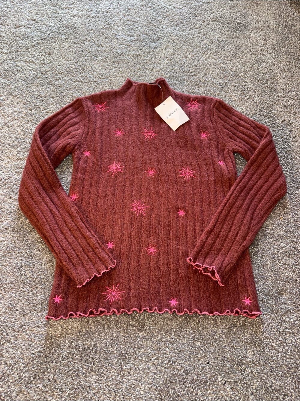 Forever 21 Girls Burgundy Ribbed Mock Neck Sweater With Pink Stars Embroidery
